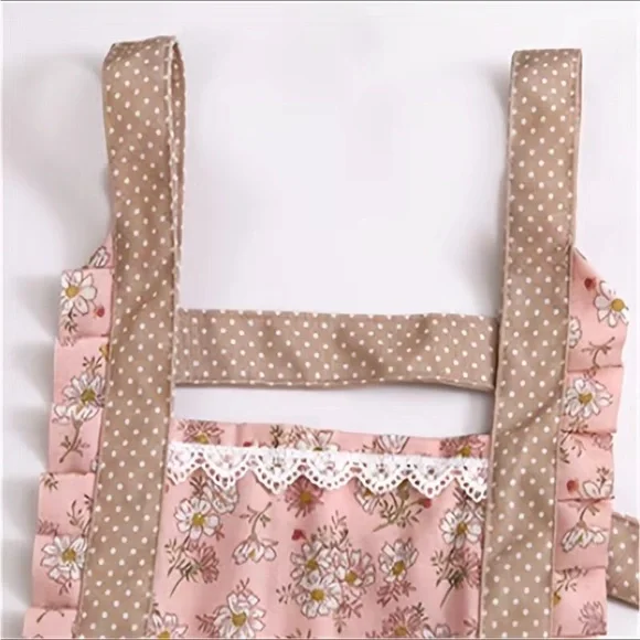 Apron Bib Sweet Vintage Retro Vibe  Pockets Waist Tie Floral Polka Dot Pink Tan - Picture 5 of 14